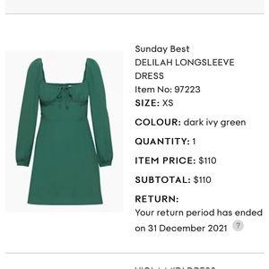 Aritzia Sunday Best Delilah long sleeve dress xs in a Dark Ivy Green